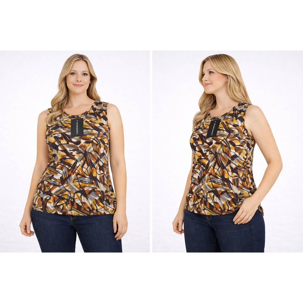 Perceptions Women Top Size 16 Mustard Brown Abstract Sleeveless Stretch Casual‎